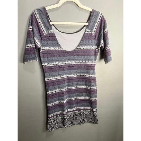 Free People Striped Bodycon Scoop Neck Mini Dress Purple Boho Sz L Cocktail - Picture 13 of 16